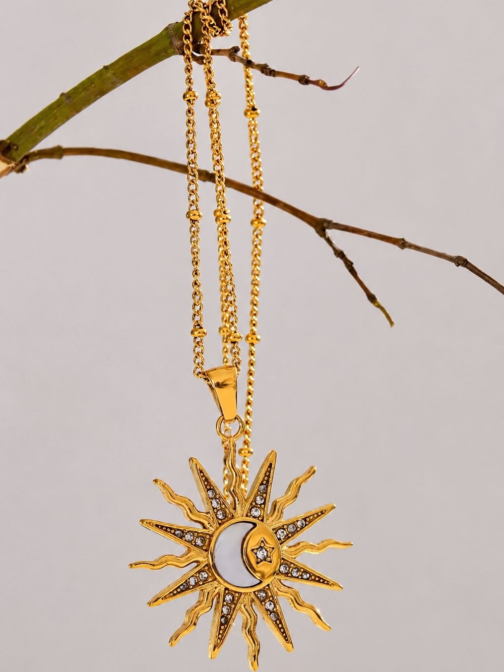 Gold Sun & Crescent Moon Pendant Necklace - Picture 2 of 6
